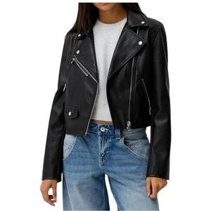 Bershka faux leather biker moto bomber black jacket size small